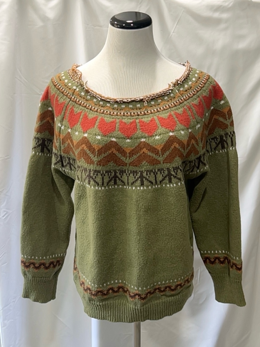Vintage Boho Fair Isle Knit Sweater XL Green Geometric Print Distressed Crewneck